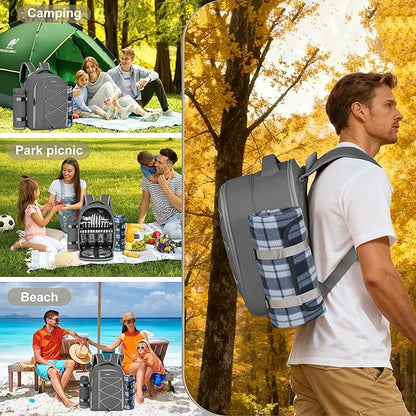 Picnic Backpack for 4 Persons with Insulated Leakproof Cooler Compartment, Cutlery Sets, Wine Holder, Fleece Blanket, Wedding Gifts for Couples, Perfect for Beach, Camping, Hiking, Grey