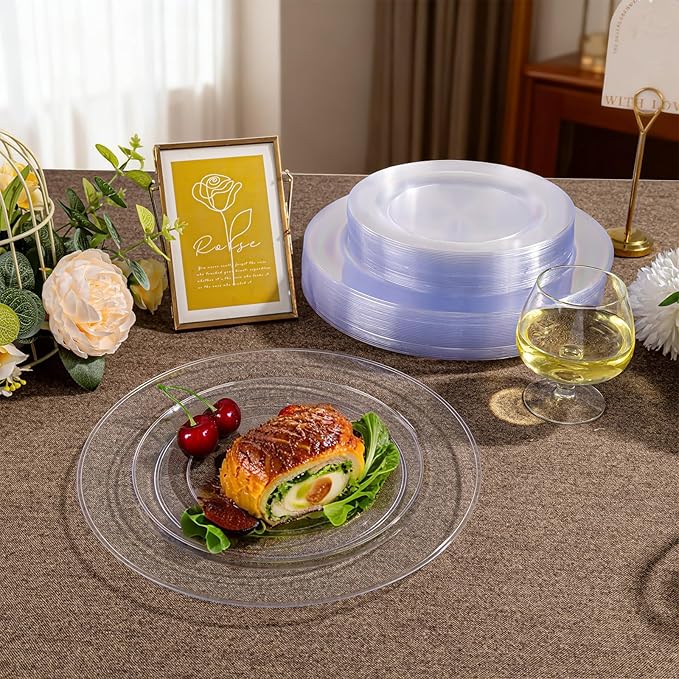I00000 200PCS Clear Plastic Plates, Disposable Clear Plates for 100 Guests, Premium Dinner and Dessert Plate, Fancy Hard Plastic Party Plate for Wedding Christmas