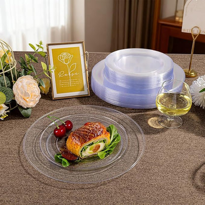 I00000 200PCS Clear Plastic Plates, Disposable Clear Plates for 100 Guests, Premium Dinner and Dessert Plate, Fancy Hard Plastic Party Plate for Wedding Christmas