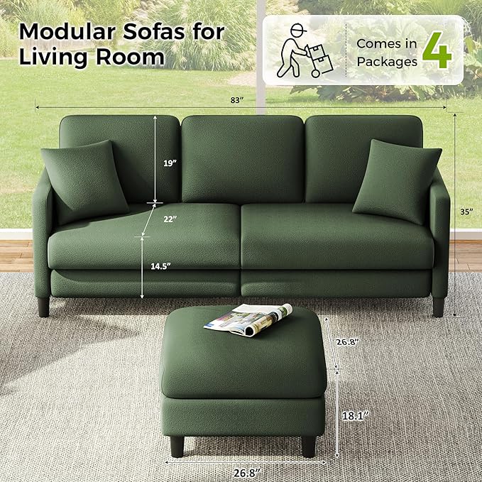 83" Couches for Living Room, Comfy Sofas for Living Room with Storage Ottomans, Teddy Sofa Couch, Tool-Free Loveseat Sofa, All-Wood Love Seat Couches, U Shaped Couch 2 Pillow Included, Green