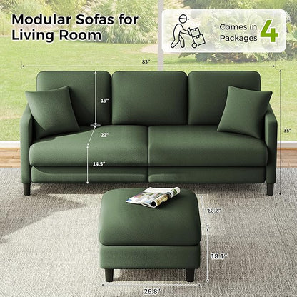 83" Couches for Living Room, Comfy Sofas for Living Room with Storage Ottomans, Teddy Sofa Couch, Tool-Free Loveseat Sofa, All-Wood Love Seat Couches, U Shaped Couch 2 Pillow Included, Green