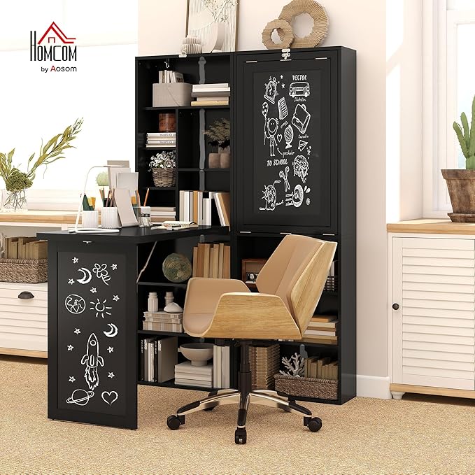 HOMCOM Foldable Convertible Writing Table, Wall Mounted Space-Saving Computer Desk with Chalkboard and Storage Shelves for Small Spaces, Home Office, Bedroom, Dorm, Apartment, Black