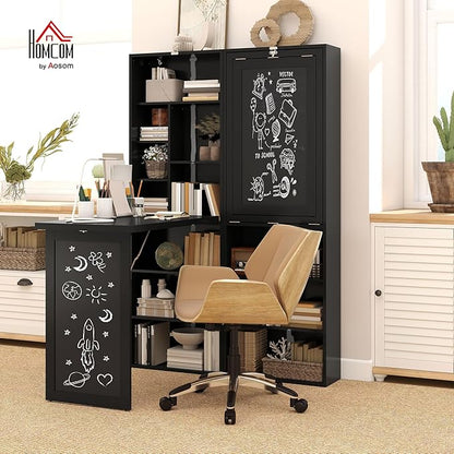 HOMCOM Foldable Convertible Writing Table, Wall Mounted Space-Saving Computer Desk with Chalkboard and Storage Shelves for Small Spaces, Home Office, Bedroom, Dorm, Apartment, Black