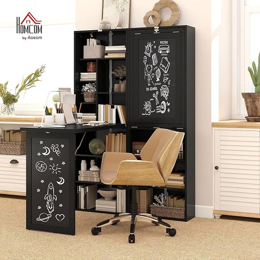 HOMCOM Foldable Convertible Writing Table, Wall Mounted Space-Saving Computer Desk with Chalkboard and Storage Shelves for Small Spaces, Home Office, Bedroom, Dorm, Apartment, Black