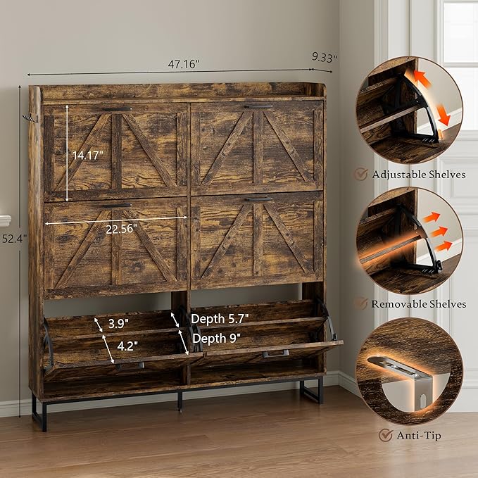 Shoe Cabinet with 6 Flip Drawers Narrow Shoe Storage Cabinet Organizer Wooden Freestanding Shoe Rack Hidden Slim Shoes Storage Cabinet for Entryway, Hallway, Living Room, Bedroom