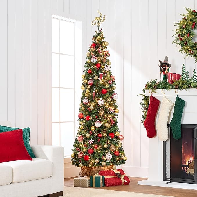 Best Choice Products 6ft Pre-Lit Spruce Pencil Christmas Tree Pre-Decorated for Home, Office, Party, Holiday Decoration w/ 618 Tips, 250 Lights, Pine Cones, Metal Hinges & Base - Green