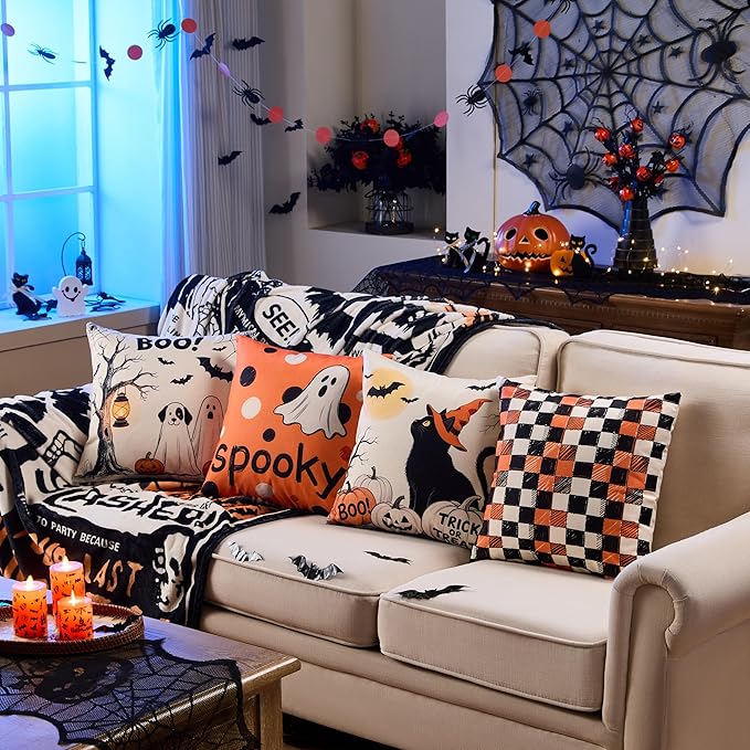Halloween Ghost Pillow Covers 18x18 Inch,Set of 4 Vintage Halloween Decor Indoor Outdoor Throw Pillow Covers, Trick or Treat Orange Black Linen Cushion Case for Home Sofa Couch Bedroom Chair