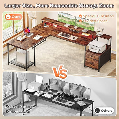 PRAISUN 66" L Shaped Gaming Desk with LED Lights & Power Outlets, Computer Desk with Fabric Drawers and Print Stand, Corner Office Desk, Monitor Stand, Mesh CPU Stand, Rustic Brown