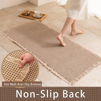 Waffle Bath Mat Non Slip, Boho Runner Rug, Super Absorbent Quick Dry Long Bath Runner Bathroom, Soft Farmhouse Bath Rug with Tassels, Washable Shower Mats for Floor 24"x48", Brown