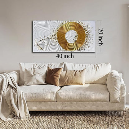 Abstract Hand Painted Wall Art for Living Room White and Gold Wall Decor for Office Circle Wall Art for Bedroom Size 20 x 40 Inch