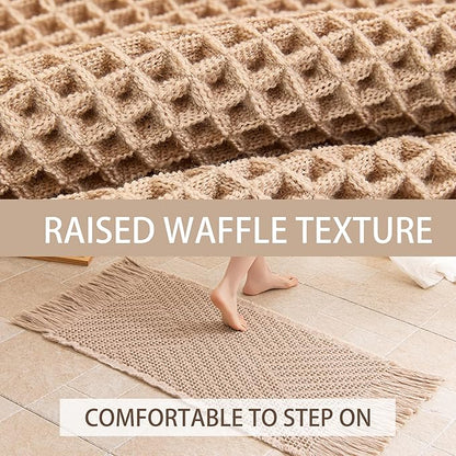 Waffle Runner Rug Non Slip, Boho Bath Mat, Super Absorbent Quick Dry Long Bath Runner Bathroom, Soft Farmhouse Bath Rug with Tassels, Washable Shower Mats for Floor 24"x72", Tassels Brown