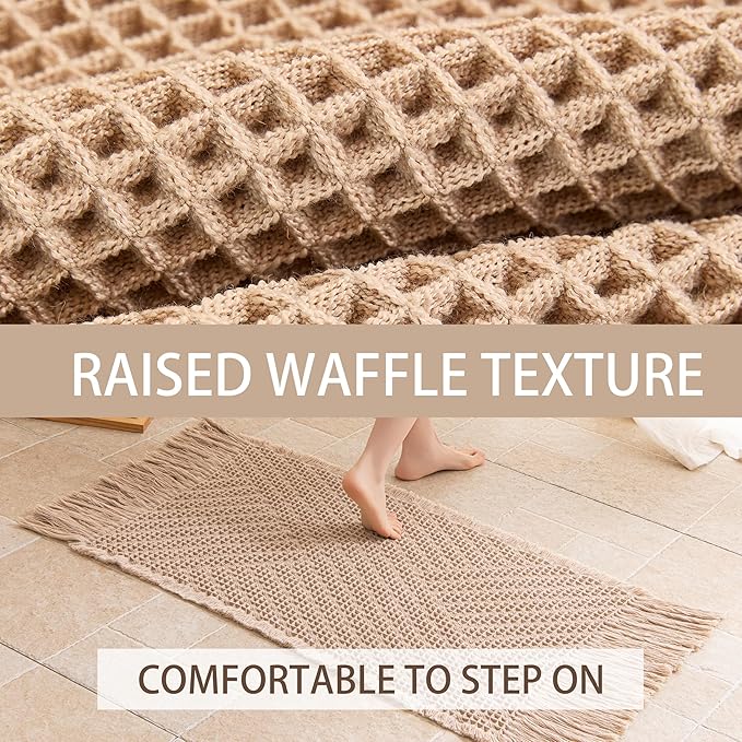 Waffle Bath Mat Non Slip, Boho Bathroom Rug, Super Absorbent Quick Dry Bathroom Mat, Soft Farmhouse Bath Rug with Tassels, Small Washable Shower Mats for Floor 20"x32", Tassels Brown