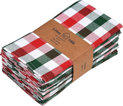 Urban Villa Cloth Napkins Set of 12 20x20 Inches 100% Cotton Napkins Cloth Washable Durable Reusable Absorbent Table Dinner Napkins Cloth for Christmas Hotel Lunch Restaurant Parties -X MAS Checks