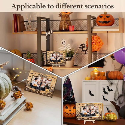 Halloween Picture Frame, 4×6 Pumpkin Wooden Photo Frame for Home Decor Tabletop Display, Spooky Haunted House Gifts for Family Friends - A05