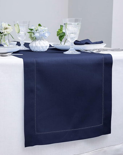 Solino Home Linen Navy Blue Table Runner 120 Inches Long - 100% Pure Linen Hemstitch 14 x 120 Inch Table Runner for Dining, Fall, Autumn, Christmas, New Year - Classic Hemstitch