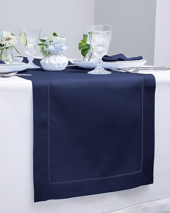 Solino Home Linen Navy Blue Table Runner 90 Inches Long - 100% Pure Linen Hemstitch 14 x 90 Inch Table Runner for Dining, Fall, Autumn, Christmas, New Year - Classic Hemstitch