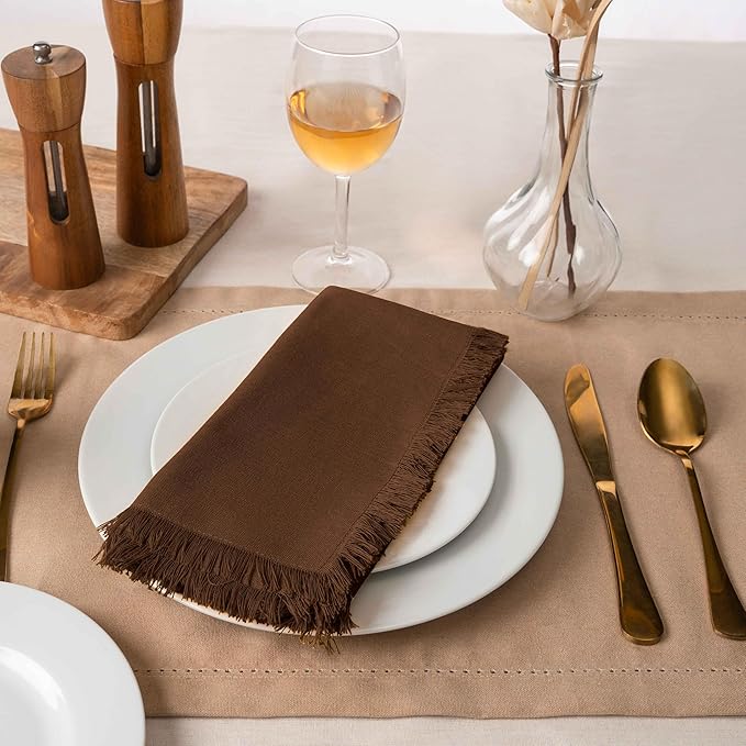 Blue Needles Handmade Cotton Linen Cloth Napkins with Fringes - Set of 6 Nut Brown Dinner Table Napkins 18x18 Inch Hemmed Edges Washable, Soft, Reusable, Perfect for Fall Thanksgiving & Family Dinner