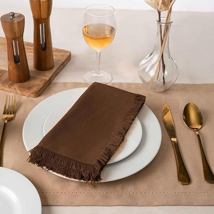 Blue Needles Handmade Cotton Linen Cloth Napkins with Fringes - Set of 6 Nut Brown Dinner Table Napkins 18x18 Inch Hemmed Edges Washable, Soft, Reusable, Perfect for Fall Thanksgiving & Family Dinner