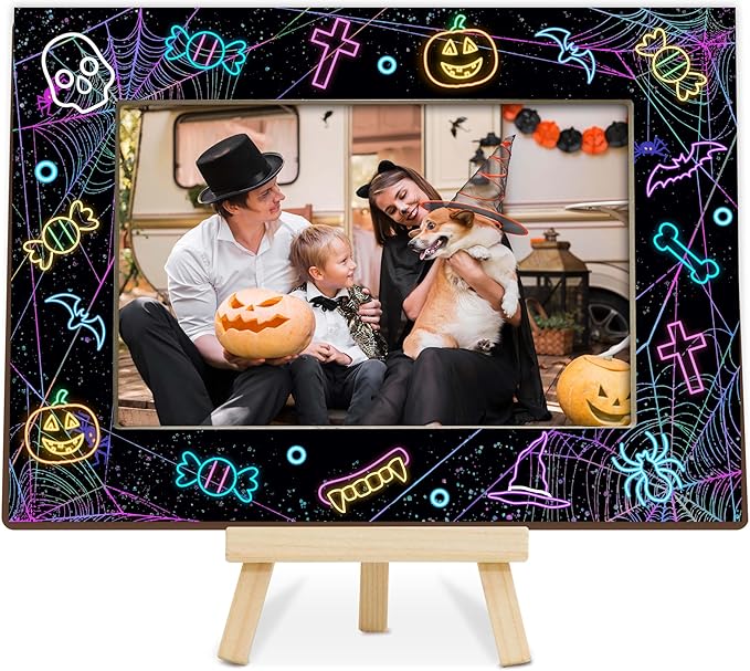 Halloween Picture Frame, 4×6 Pumpkin Wooden Photo Frame for Home Decor Tabletop Display, Web Gifts for Family Friends - A03