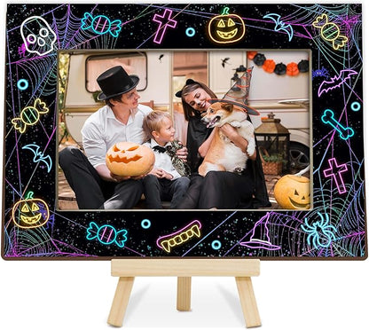 Halloween Picture Frame, 4×6 Pumpkin Wooden Photo Frame for Home Decor Tabletop Display, Web Gifts for Family Friends - A03