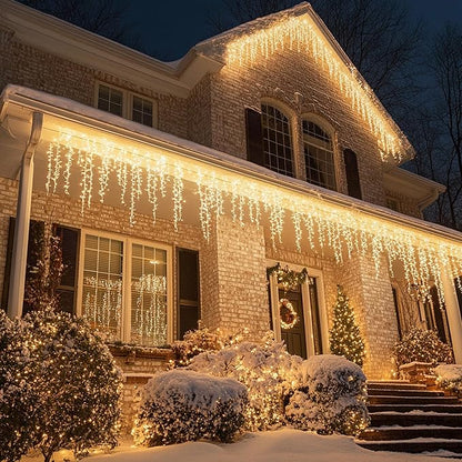 Dazzle Bright Christmas Icicle Lights, 88.5 FT 1080 LED 8 Modes Curtain Fairy Lights with 180 Drops, Xmas String Lights for Outdoor Holiday Wedding Party Decorations (Warm White)