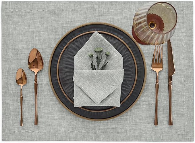 Solino Home Linen Cloth Napkins Set of 4-100% Pure Linen Chambray Grey Dinner Napkins 20 x 20 Inch for Fall, Autumn, Thanksgiving - Athena, Handcrafted and Machine Washable