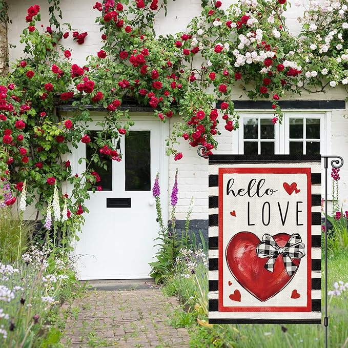 Louise Maelys Valentine's Day Garden Flag Hello Love Heart 12x18 Inch Double Sided Flower Welcome Small Burlap Spring Holiday Yard Outdoor Outside Home House Decoration