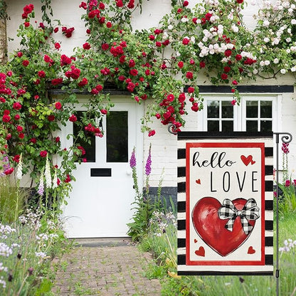Louise Maelys Valentine's Day Garden Flag Hello Love Heart 12x18 Inch Double Sided Flower Welcome Small Burlap Spring Holiday Yard Outdoor Outside Home House Decoration