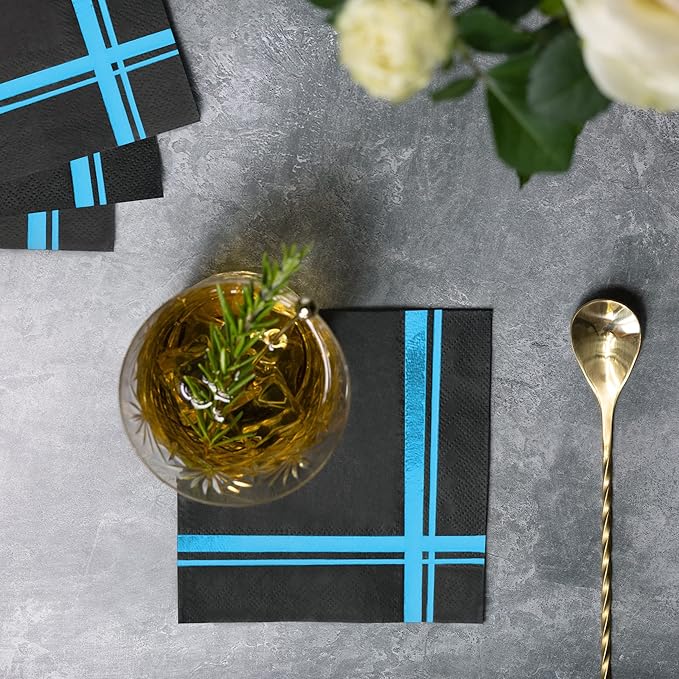 Light Blue on Black Cocktail Napkins - 100 Pack, 5" x 5", 3-Ply Paper - Style Name: Blissful Crossing