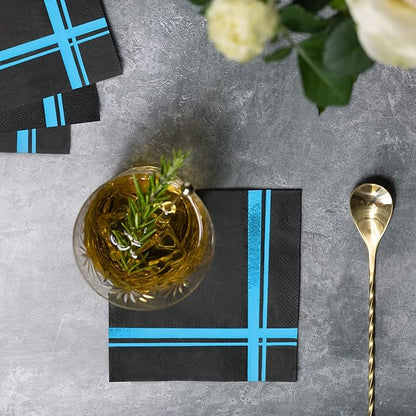 Light Blue on Black Cocktail Napkins - 100 Pack, 5" x 5", 3-Ply Paper - Style Name: Blissful Crossing