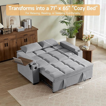 66" Multi-Functional Pull-Out Sofa Bed with Hidden Side Table, Storage Armrests, Built-in Charging Port, Spring Mattress, Solid Wood Frame – Ideal for Small Spaces, Easy Assembly