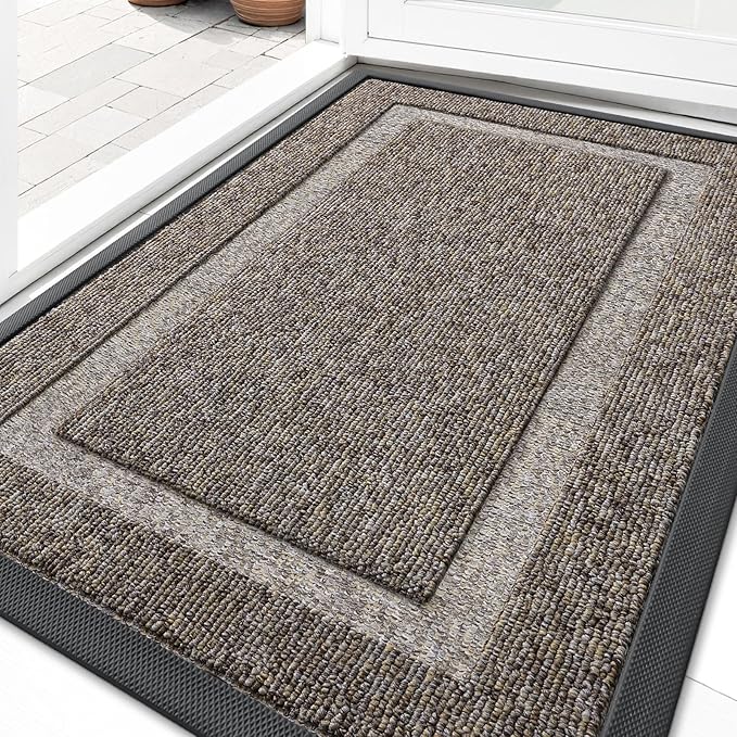 OLANLY Front Door Mat Indoor Outdoor Entrance, Waterproof All-Season, All-Weather Doormat, Sturdy Natural Rubber, Low Profile, Easy Clean Patio Porch Entryway Mat, 47x23, Khaki and White