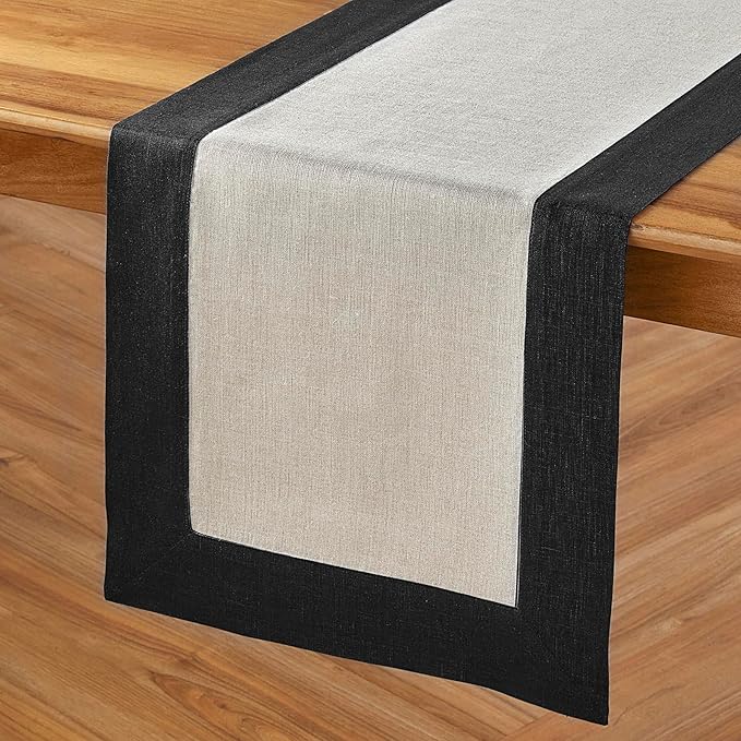 Solino Home Linen Table Runner 108 Inches Long - Black and Natural 100% Pure Linen 14 x 108 Inch Table Runner for Dining, Fall, Autumn, Winter - Contempo