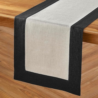 Solino Home Linen Table Runner 108 Inches Long - Black and Natural 100% Pure Linen 14 x 108 Inch Table Runner for Dining, Fall, Autumn, Winter - Contempo