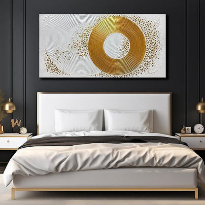 Abstract Circle Hand Painted Wall Art for Office White and Gold Pictures Wall Decor for Bedroom Extra Large Wall Art for Living Room Size 36 x 72 Inch