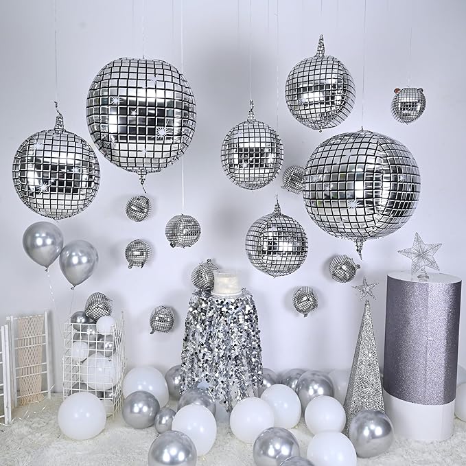 22 Inch Large 4D Metallic Silver Disco Ball Balloon with Explosion Star Foil Balloons for 70s 80s 90s Themed Party, Birthday, New Year, Graduation