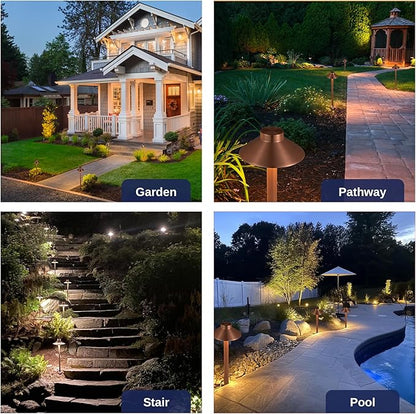 Gardenreet Outdoor Brass Pathway Lights, Low Voltage Landscape Path Light Wired, 12v Walkway Lamp LED Waterproof, Hat-top Copper for Outside Garden Yard Driveway with 3W 270LM 3000K G4 Bulb (4 Pack)