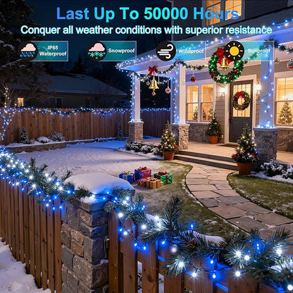 240FT 750LED Christmas Lights,12 Modes Blue and Cool White Outdoor String Lights with Timer & Dimmable, Waterproof Green Wire Christmas String Lights for Tree Xmas Patio Fence Wedding Party Decor