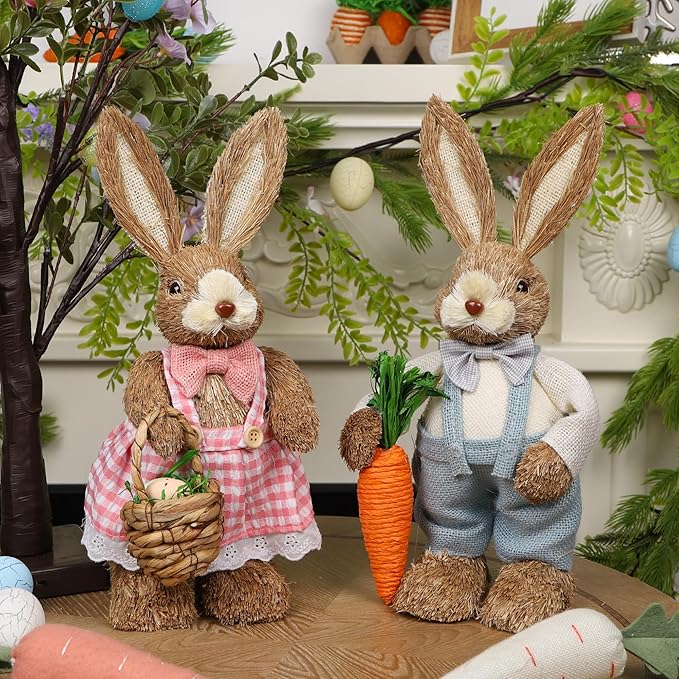 DR.DUDU Set of 2 Easter Decorations for Home- 14" Sisal Bunny Figurines with Carrot & Egg, Spring Straw Bunny Couple Farmhouse Centerpieces for Tables, Easter Rabbits Decor
