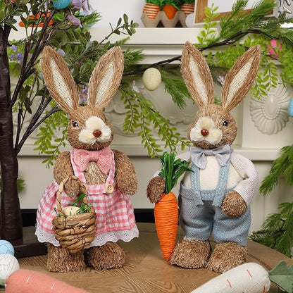 DR.DUDU Set of 2 Easter Decorations for Home- 14" Sisal Bunny Figurines with Carrot & Egg, Spring Straw Bunny Couple Farmhouse Centerpieces for Tables, Easter Rabbits Decor
