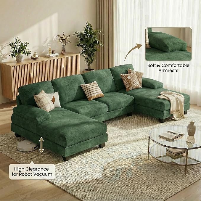 Homall Modular Sectional U Shaped Sofa Couches for Living Room, Comfy Chenille 4 Seat Sofa Set with Removable Pillows, Lounge Chaise Upholstered Couch for Apartment (Chenille, Green)