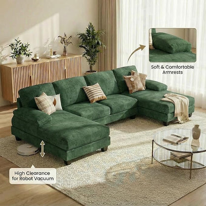 Homall Modular Sectional U Shaped Sofa Couches for Living Room, Comfy Chenille 4 Seat Sofa Set with Removable Pillows, Lounge Chaise Upholstered Couch for Apartment (Chenille, Green)