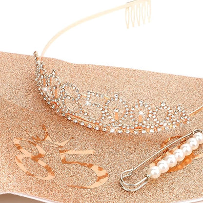 CIEHER 85th Birthday Crown, Sash + Pearl Pin Set - Gifts for Women, Decorations and Party Supplies