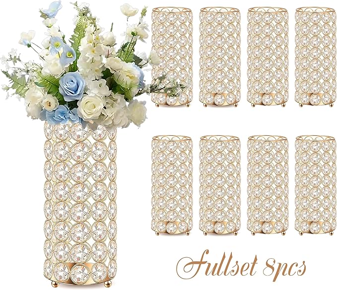 8 Pcs Gold Crystal Flower Vase and Pillar Candle Holder Set, 7.87" Metal Cylinder Stand for Wedding Table Centerpieces, Flower Arrangements, Christmas Party, Event Decor, and Gifts