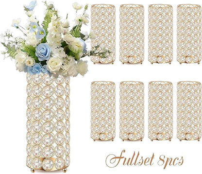 8 Pcs Gold Crystal Flower Vase and Pillar Candle Holder Set, 7.87" Metal Cylinder Stand for Wedding Table Centerpieces, Flower Arrangements, Christmas Party, Event Decor, and Gifts