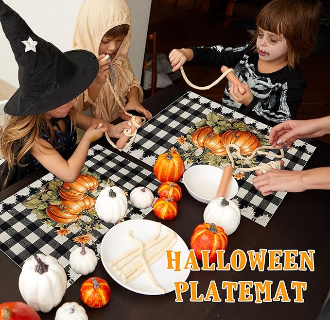 Halloween Pumpkin Placemats Set of 4, 12x18 Inch Pumpkin Plaid Table Mats, Washable Heat Resistant Place Mats for Kitchen Dining Table, Halloween Themed Decoration for Home-B07
