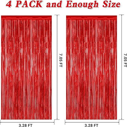 4 Pack Red Backdrop, 3.28 FT x 7.05 FT Party Streamer, Metallic Birthday Tinsel Backdrop Foil Fringe Curtains, Door Streamer for Red Party Decorations Casino Decor Photo Booth Props