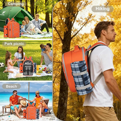 Picnic Backpack for 2 Persons with Insulated Leakproof Cooler Compartment, Cutlery Sets, Wine Holder, Fleece Blanket, Wedding Gifts for Couples, Perfect for Beach, Camping, Hiking, Orange