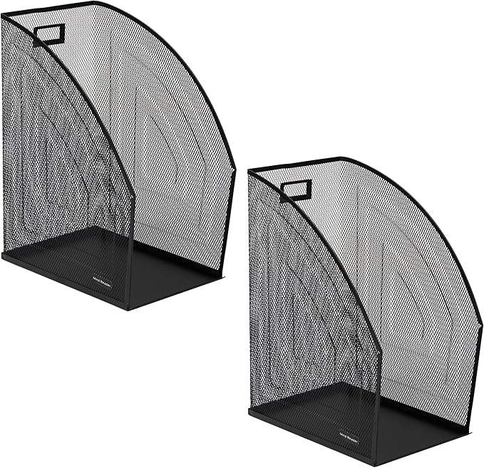 Mind Reader Vertical File Organizers, Desktop File Holders for Folders, Magazines, and Paperwork, Workspace Organizer, Metal Mesh, Set of 2, Black