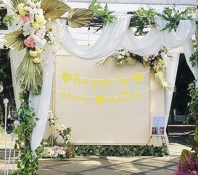 Pre-Strung Happily Ever After Banner - Gold Glitter Bachelorette Bridal Engagement Party Decoration Supplies, Bachelorette Wedding Party Banner for Engagement, Bridal Shower, Wedding Party Photo Booth Props